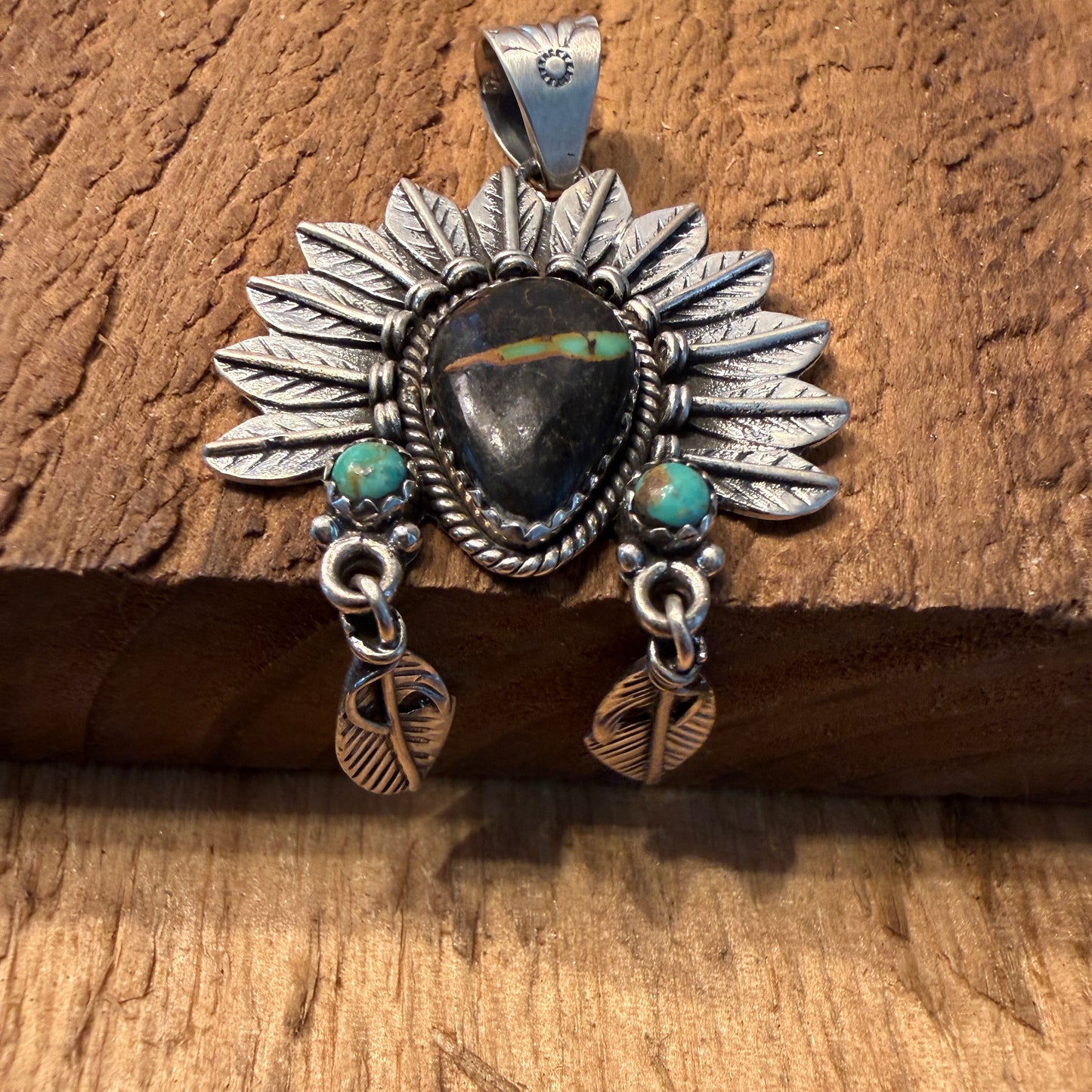 Handcrafted Black Jack Turquoise Native Style Headdress Pendant Sterling Silver