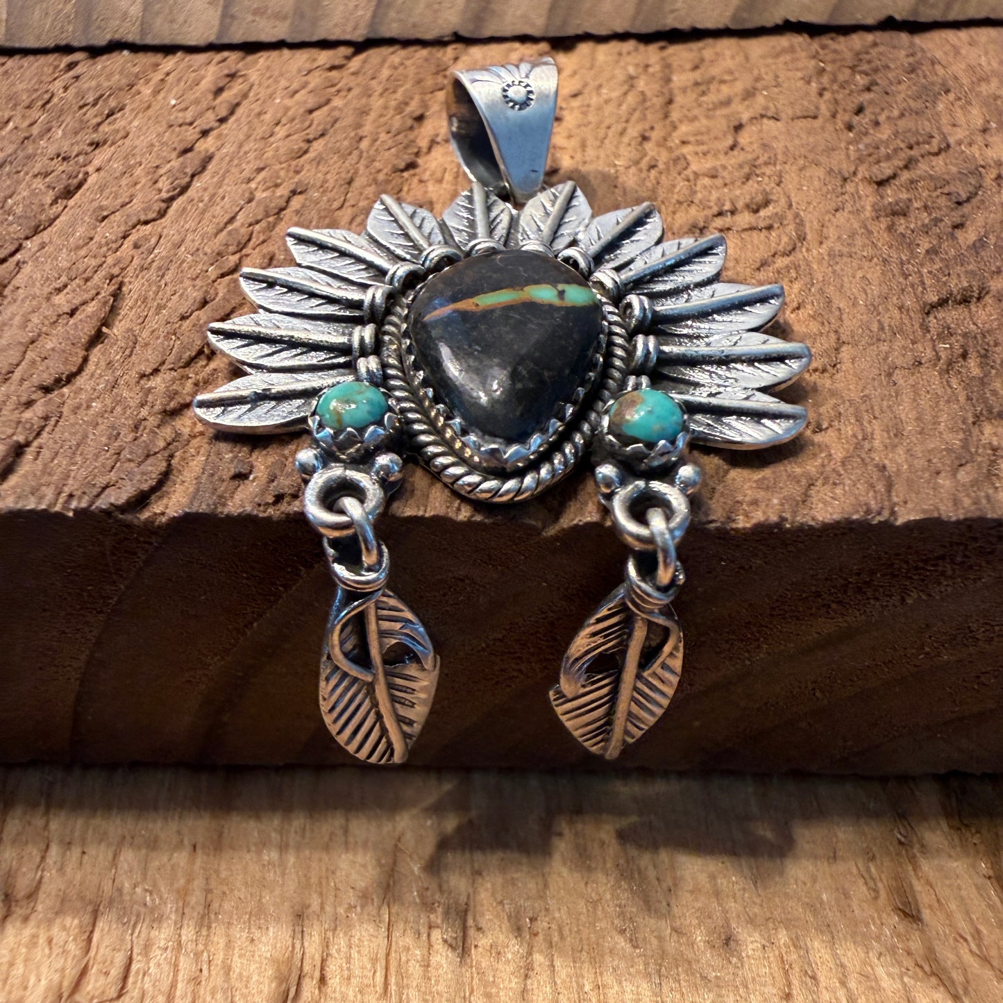 Handcrafted Black Jack Turquoise Native Style Headdress Pendant Sterling Silver