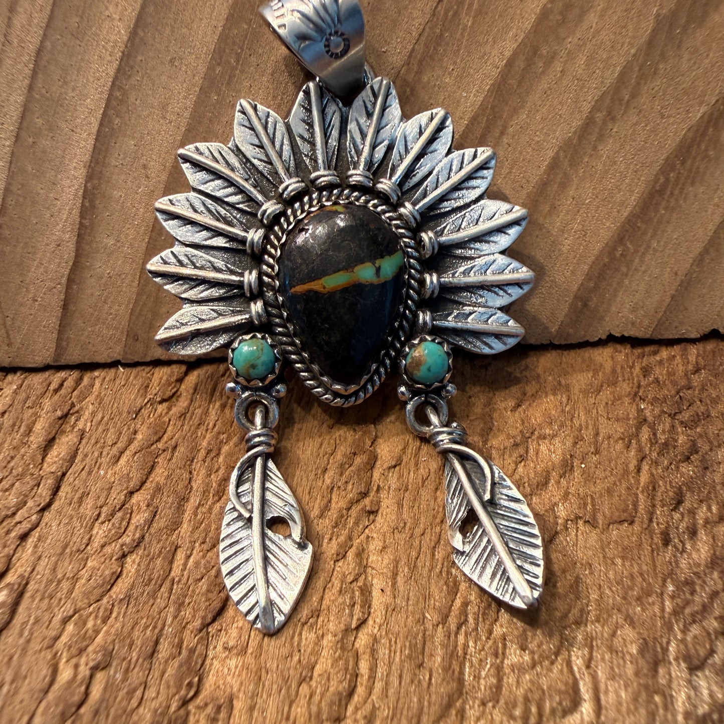 Handcrafted Black Jack Turquoise Native Style Headdress Pendant Sterling Silver