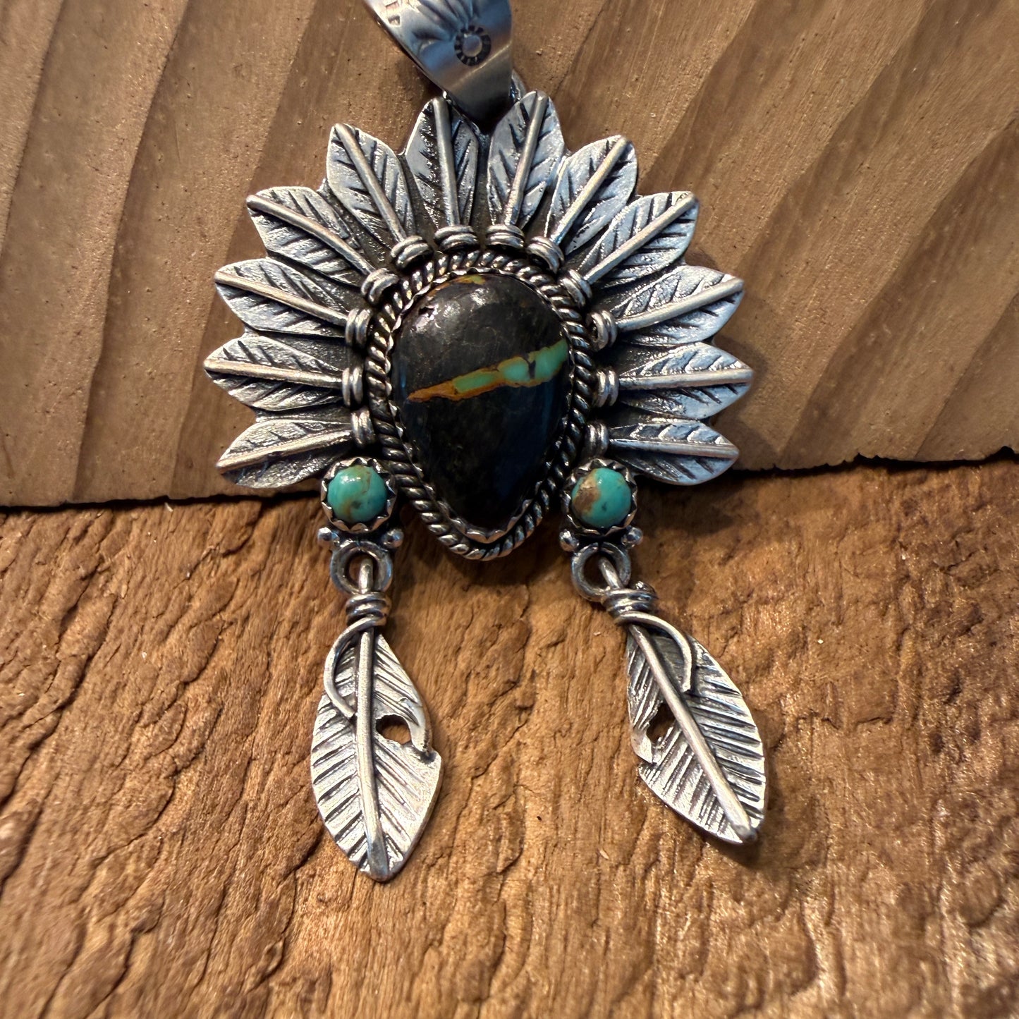 Handcrafted Black Jack Turquoise Native Style Headdress Pendant Sterling Silver