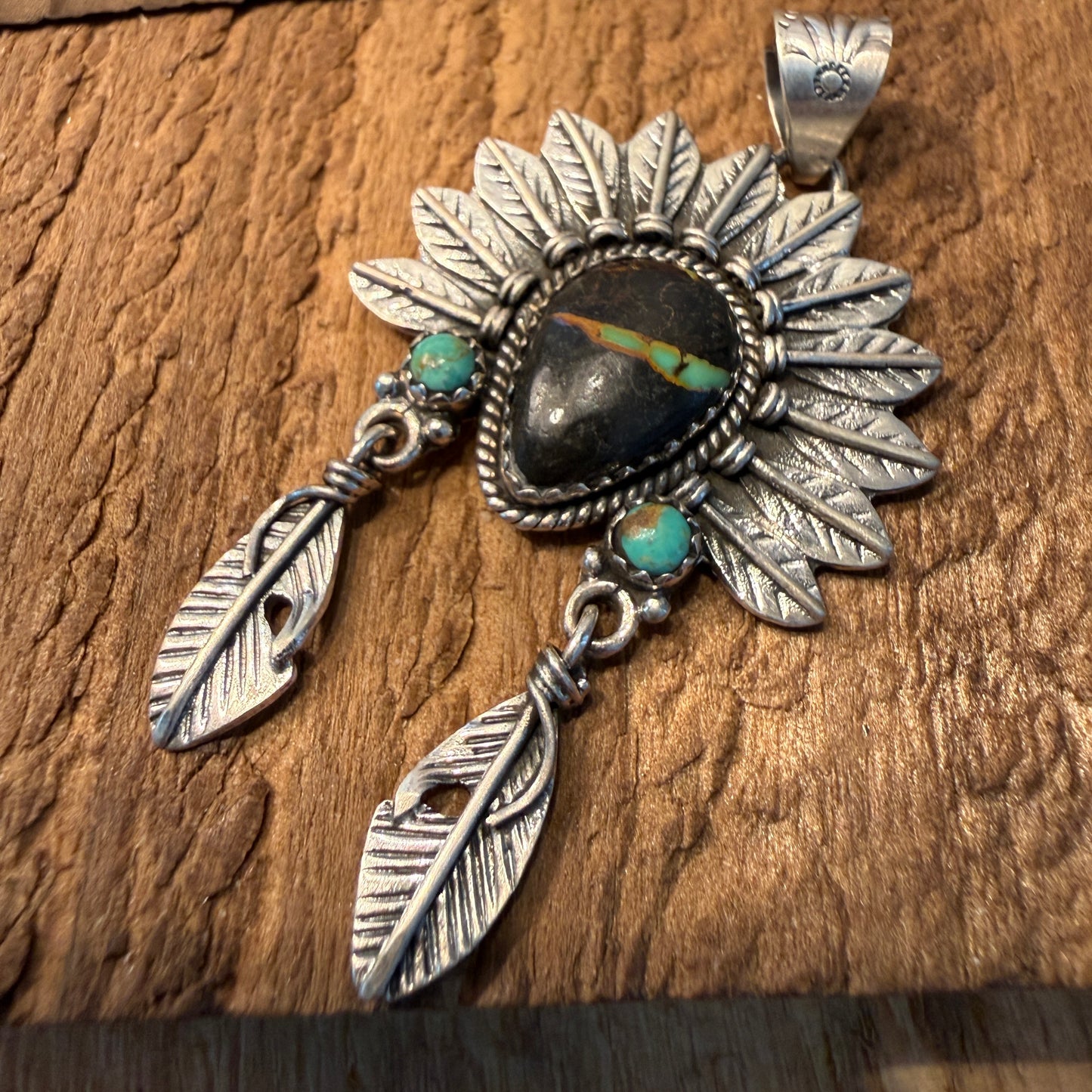 Handcrafted Black Jack Turquoise Native Style Headdress Pendant Sterling Silver