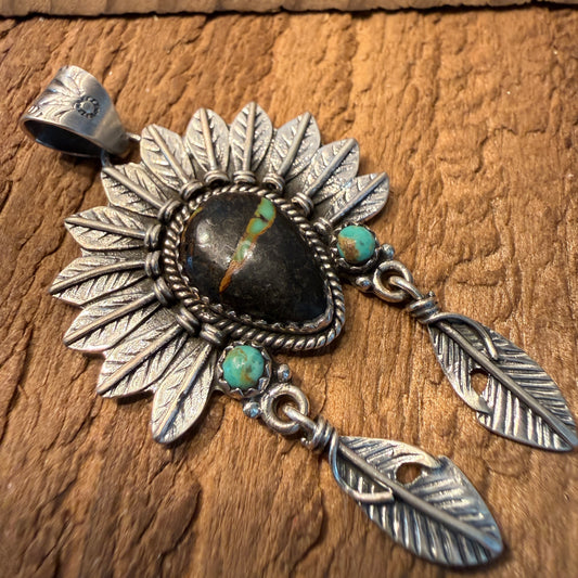 Handcrafted Black Jack Turquoise Native Style Headdress Pendant Sterling Silver