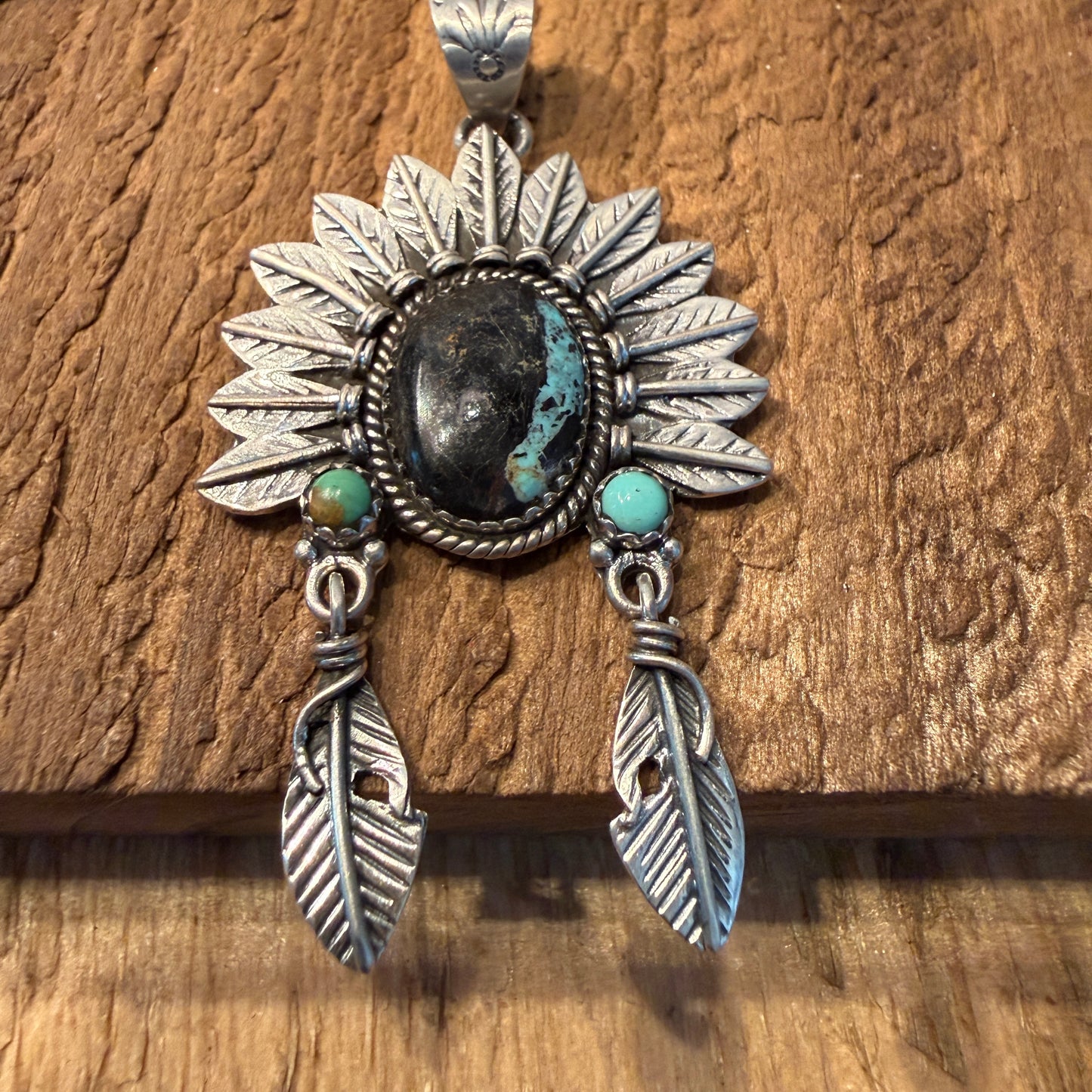 Handcrafted Blackjack Turquoise Native Headdress Pendant 925 Sterling Silver