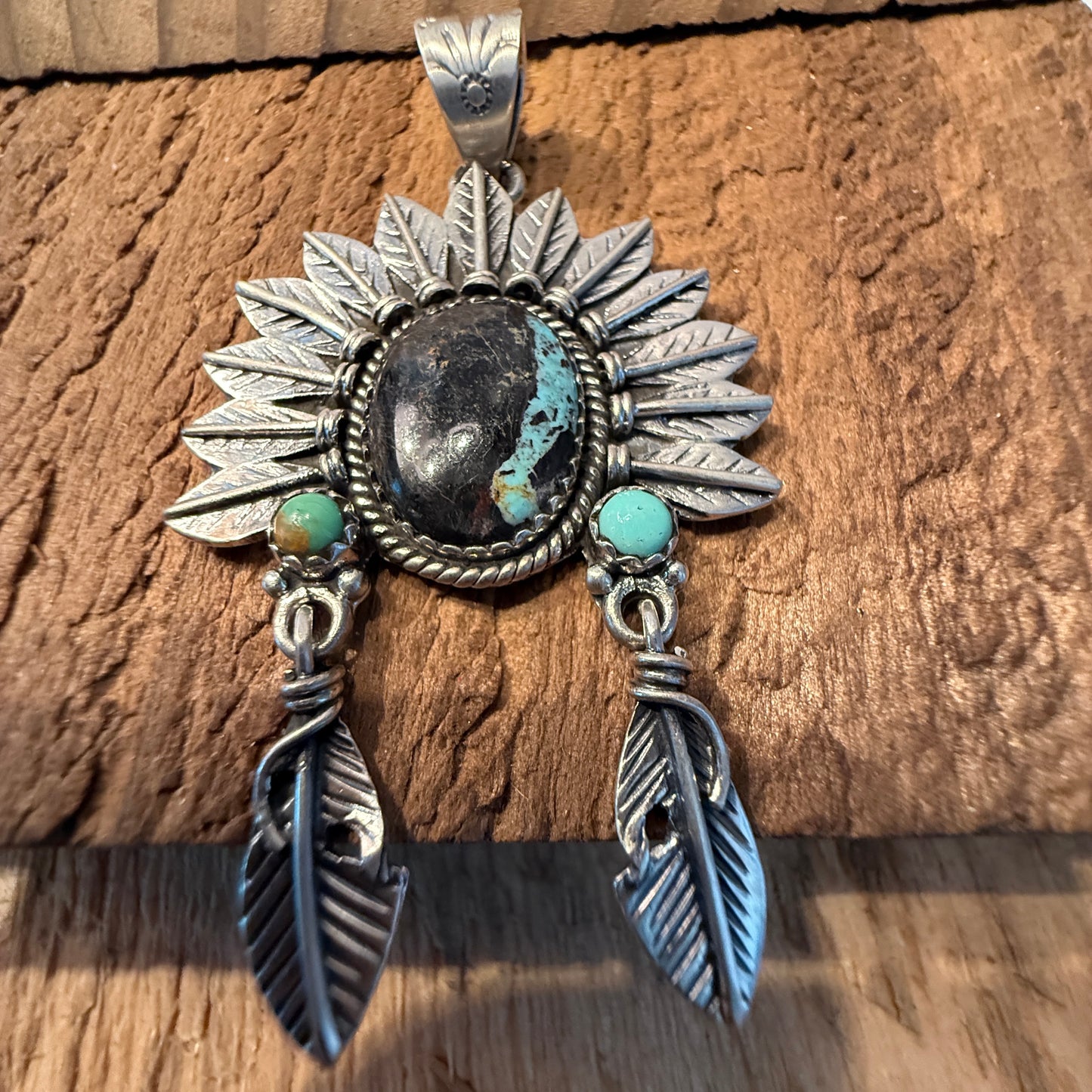 Handcrafted Blackjack Turquoise Native Headdress Pendant 925 Sterling Silver