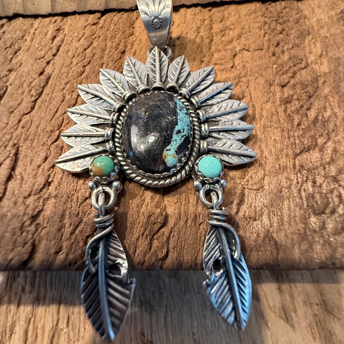 Handcrafted Blackjack Turquoise Native Headdress Pendant 925 Sterling Silver