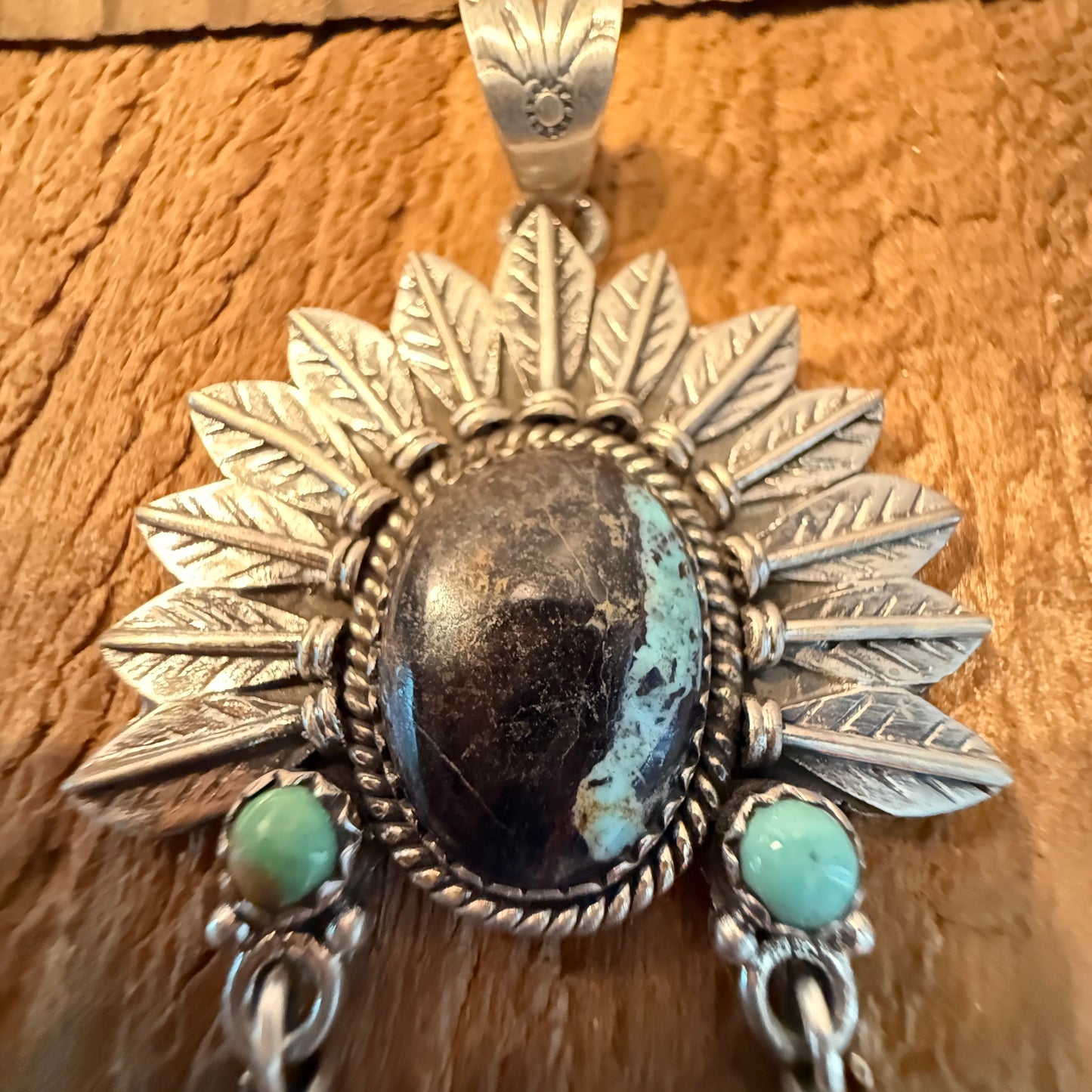 Handcrafted Blackjack Turquoise Native Headdress Pendant 925 Sterling Silver
