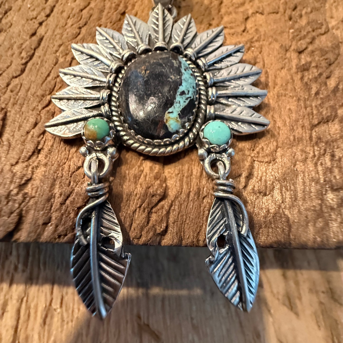 Handcrafted Blackjack Turquoise Native Headdress Pendant 925 Sterling Silver