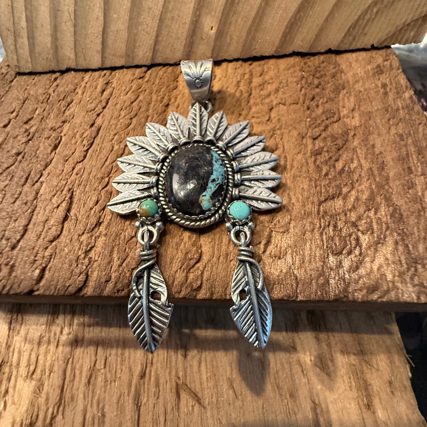 Handcrafted Blackjack Turquoise Native Headdress Pendant 925 Sterling Silver