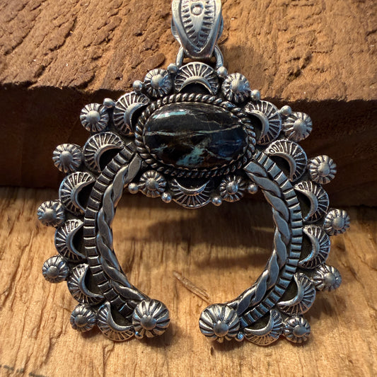 Handcrafted Blackjack Turquoise Gemstone Squash Pendant In 925 Sterling Silver