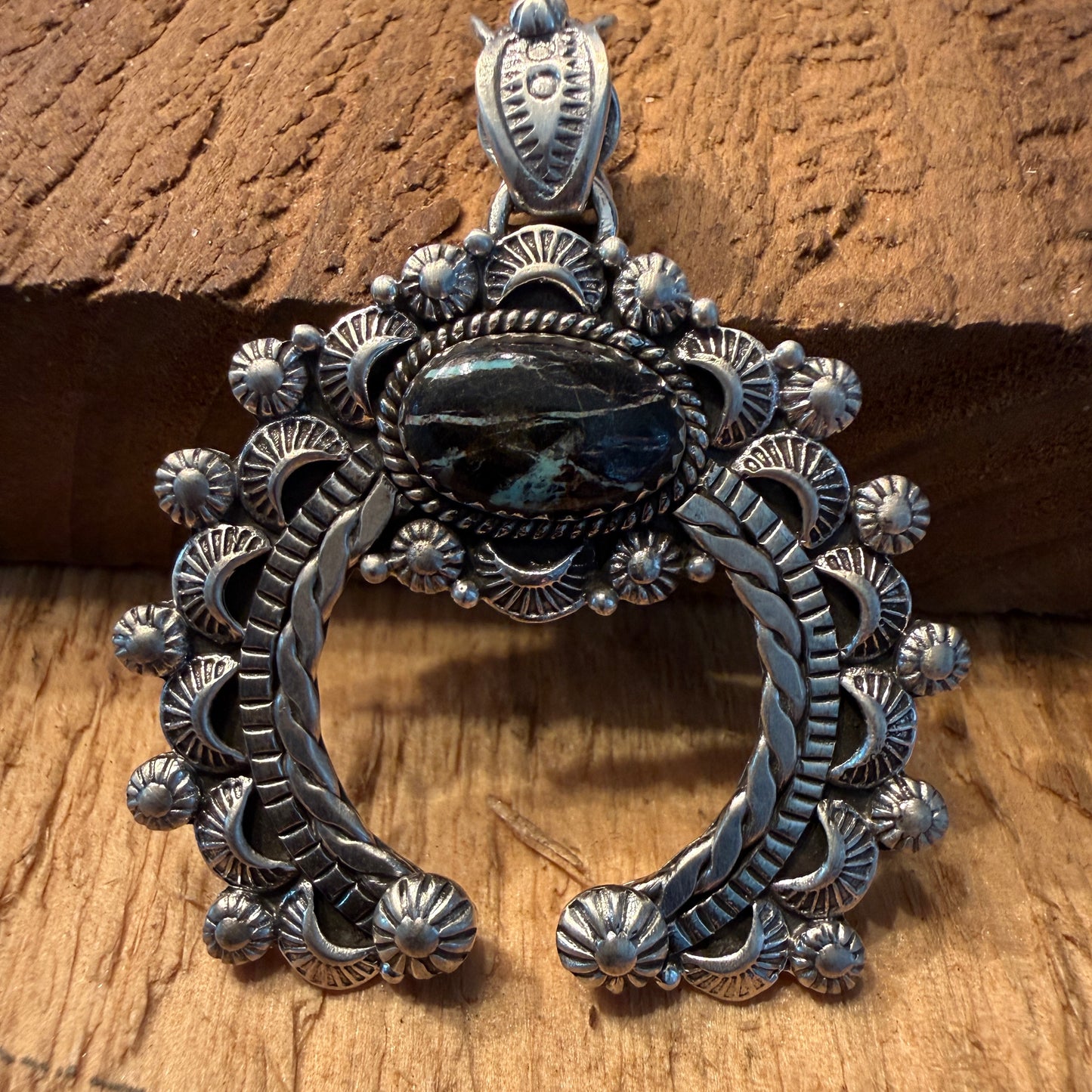 Handcrafted Blackjack Turquoise Gemstone Squash Pendant In 925 Sterling Silver
