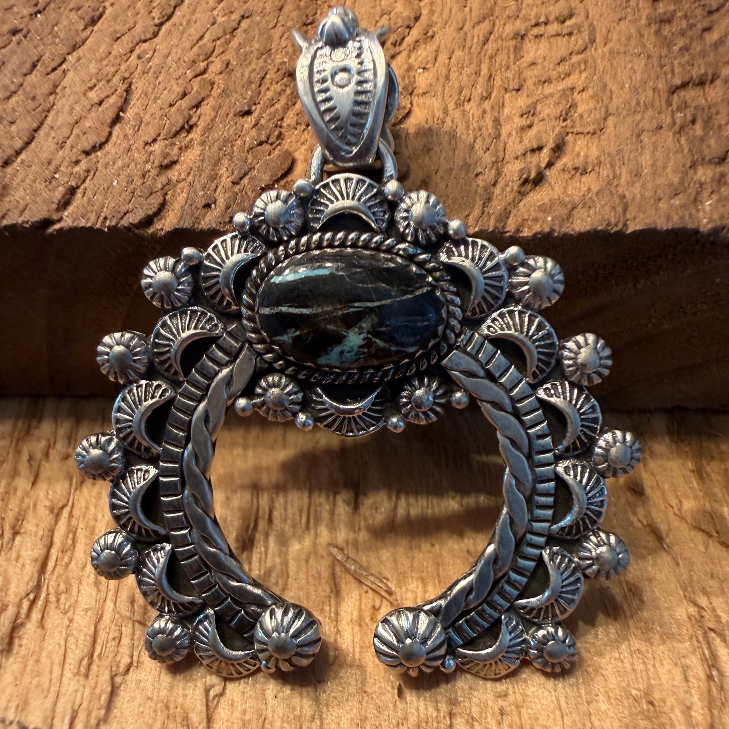 Handcrafted Blackjack Turquoise Gemstone Squash Pendant In 925 Sterling Silver