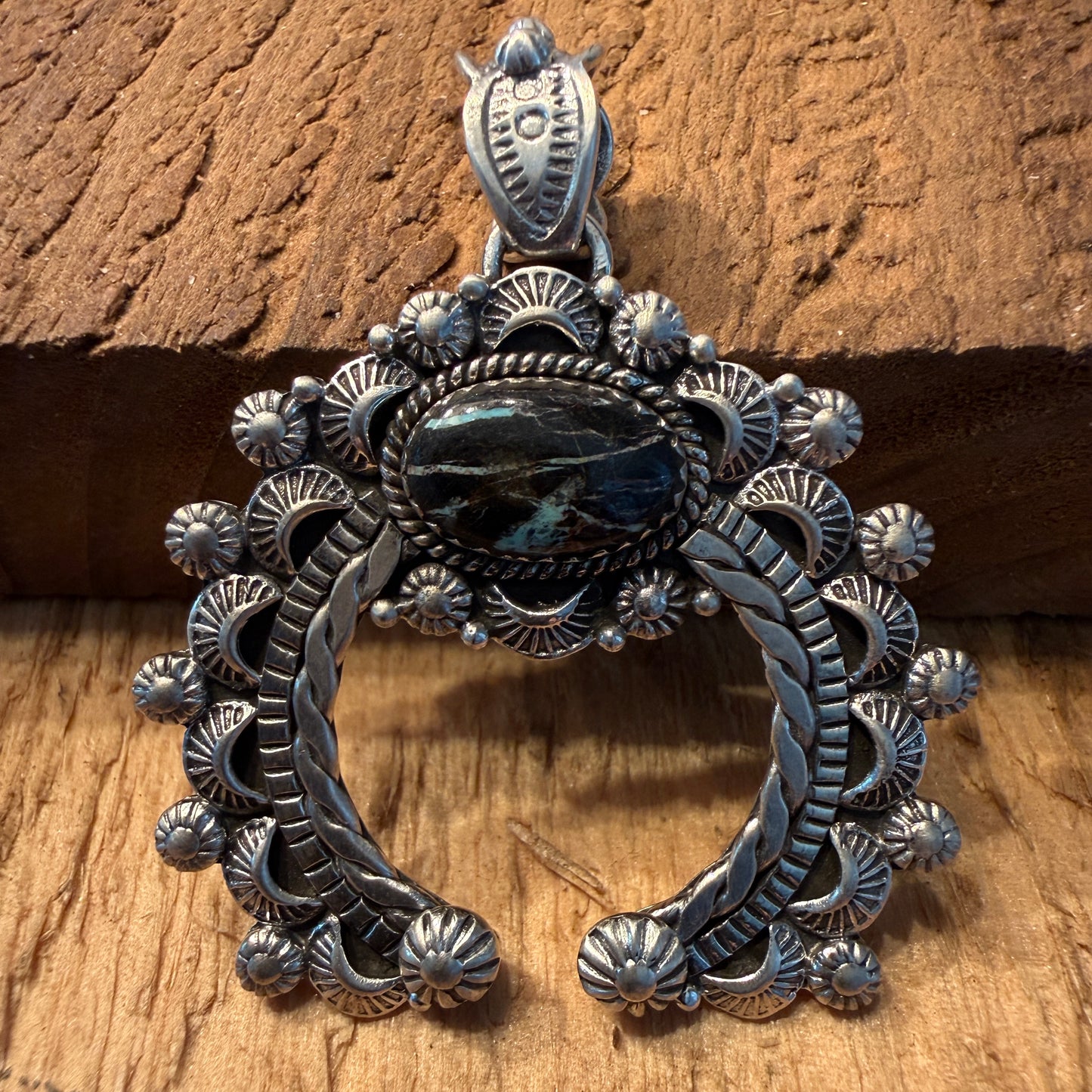Handcrafted Blackjack Turquoise Gemstone Squash Pendant In 925 Sterling Silver
