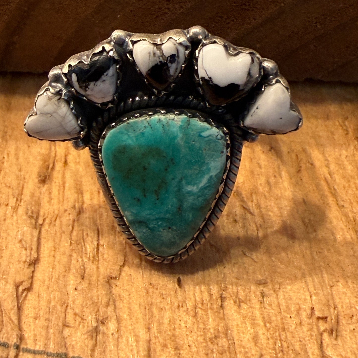 White Buffalo Kingman Turquoise Cluster Adjustable Ring Sterling Silver