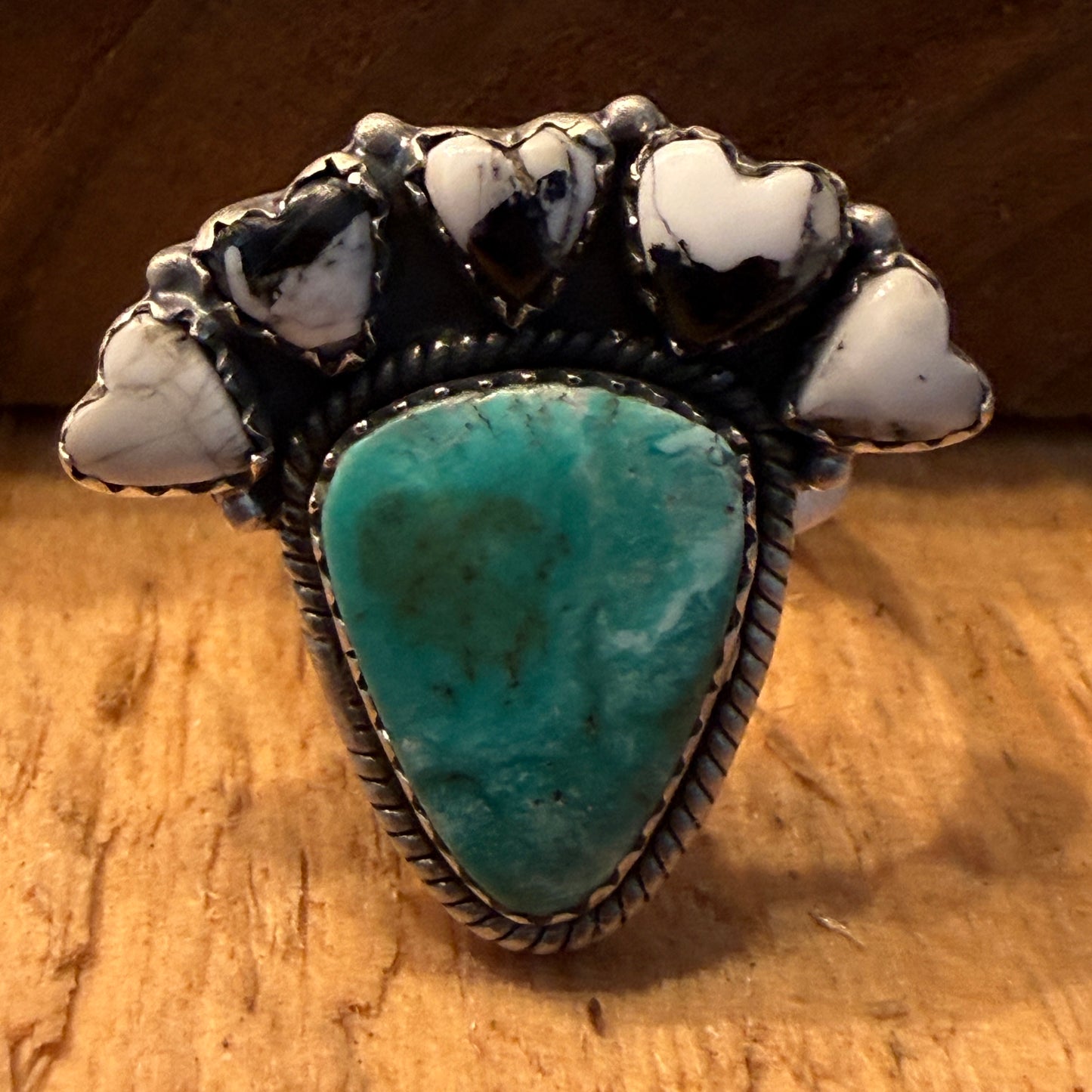 White Buffalo Kingman Turquoise Cluster Adjustable Ring Sterling Silver