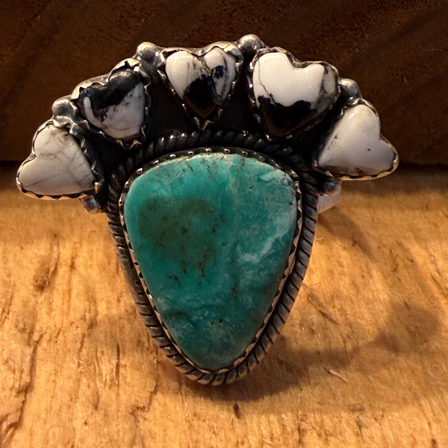 White Buffalo Kingman Turquoise Cluster Adjustable Ring Sterling Silver