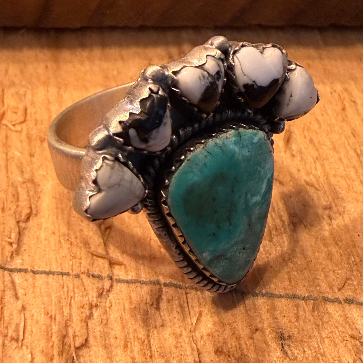 White Buffalo Kingman Turquoise Cluster Adjustable Ring Sterling Silver