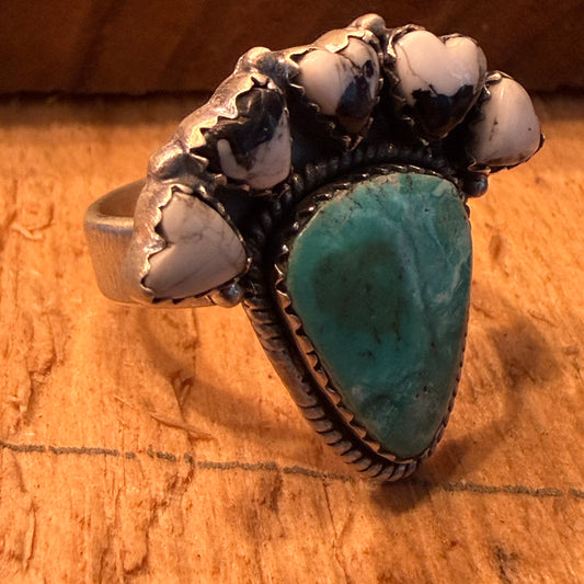 White Buffalo Kingman Turquoise Cluster Adjustable Ring Sterling Silver