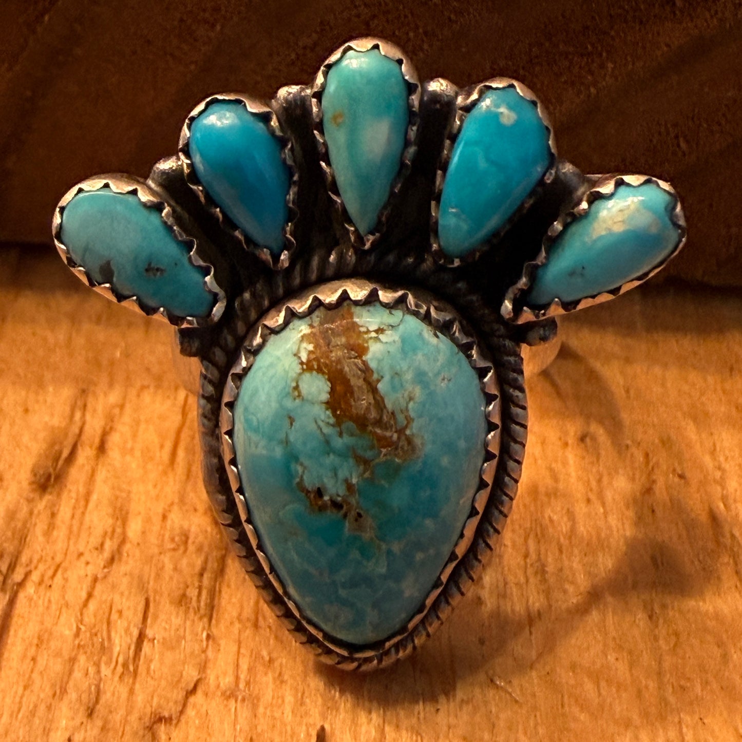White Water Turquoise Gemstone Cluster Statement Ring Adjustable Sterling Silver