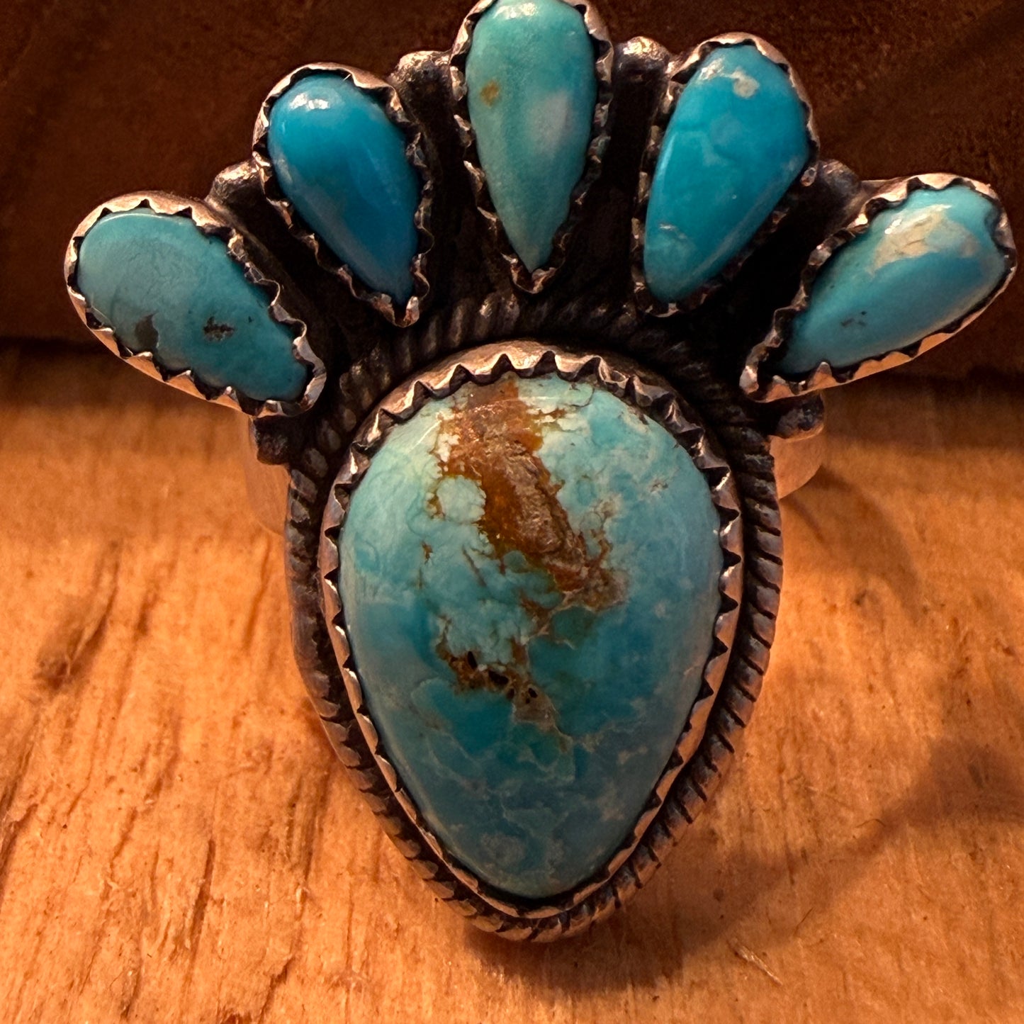 White Water Turquoise Gemstone Cluster Statement Ring Adjustable Sterling Silver