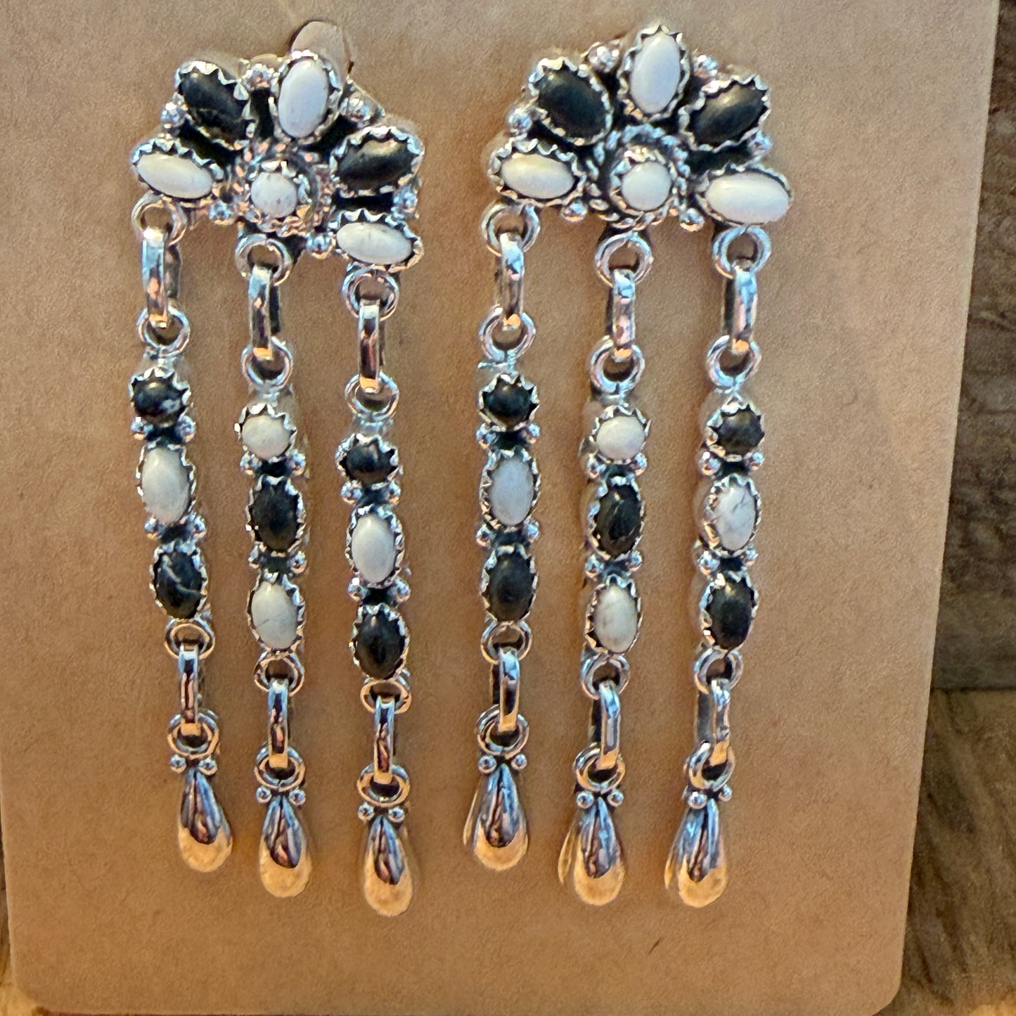 Handcrafted White Buffalo Dahlia Cluster Dangle Earrings Sterling Silver