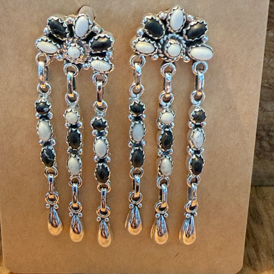 Handcrafted White Buffalo Dahlia Cluster Dangle Earrings Sterling Silver