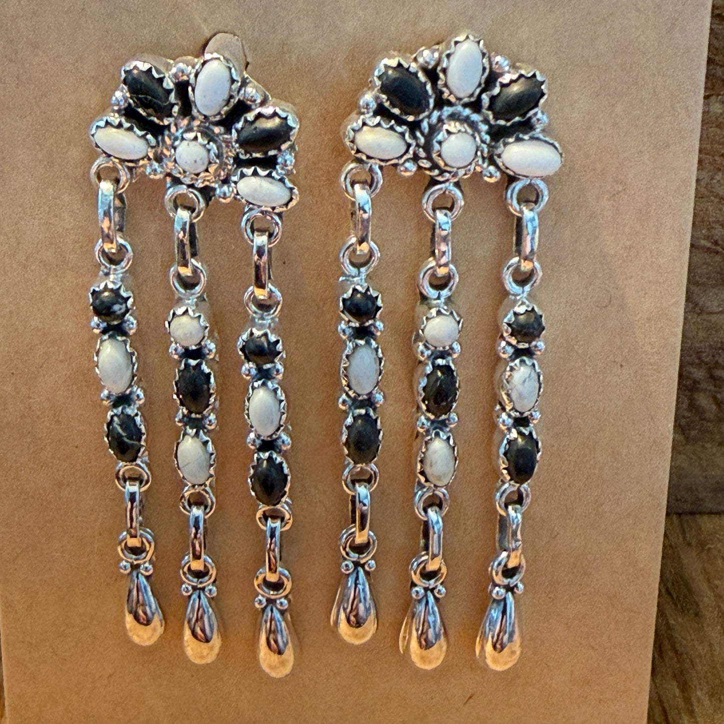 Handcrafted White Buffalo Dahlia Cluster Dangle Earrings Sterling Silver