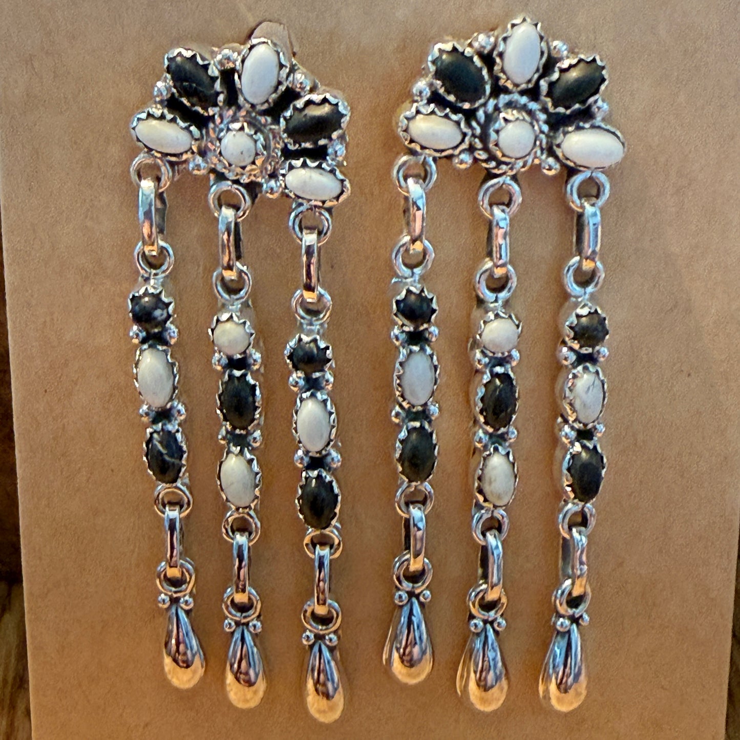 Handcrafted White Buffalo Dahlia Cluster Dangle Earrings Sterling Silver