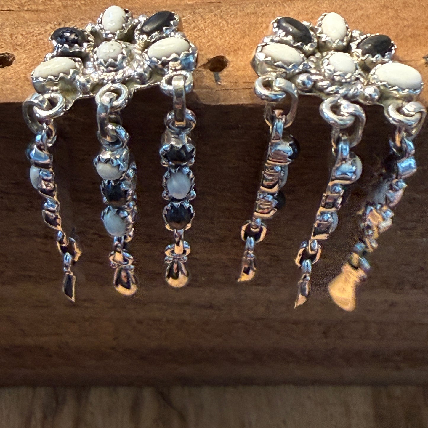 Handcrafted White Buffalo Dahlia Cluster Dangle Earrings Sterling Silver