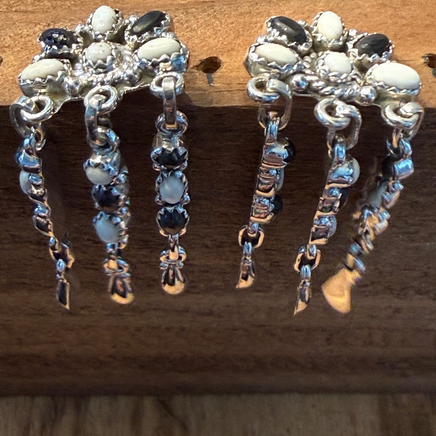 Handcrafted White Buffalo Dahlia Cluster Dangle Earrings Sterling Silver