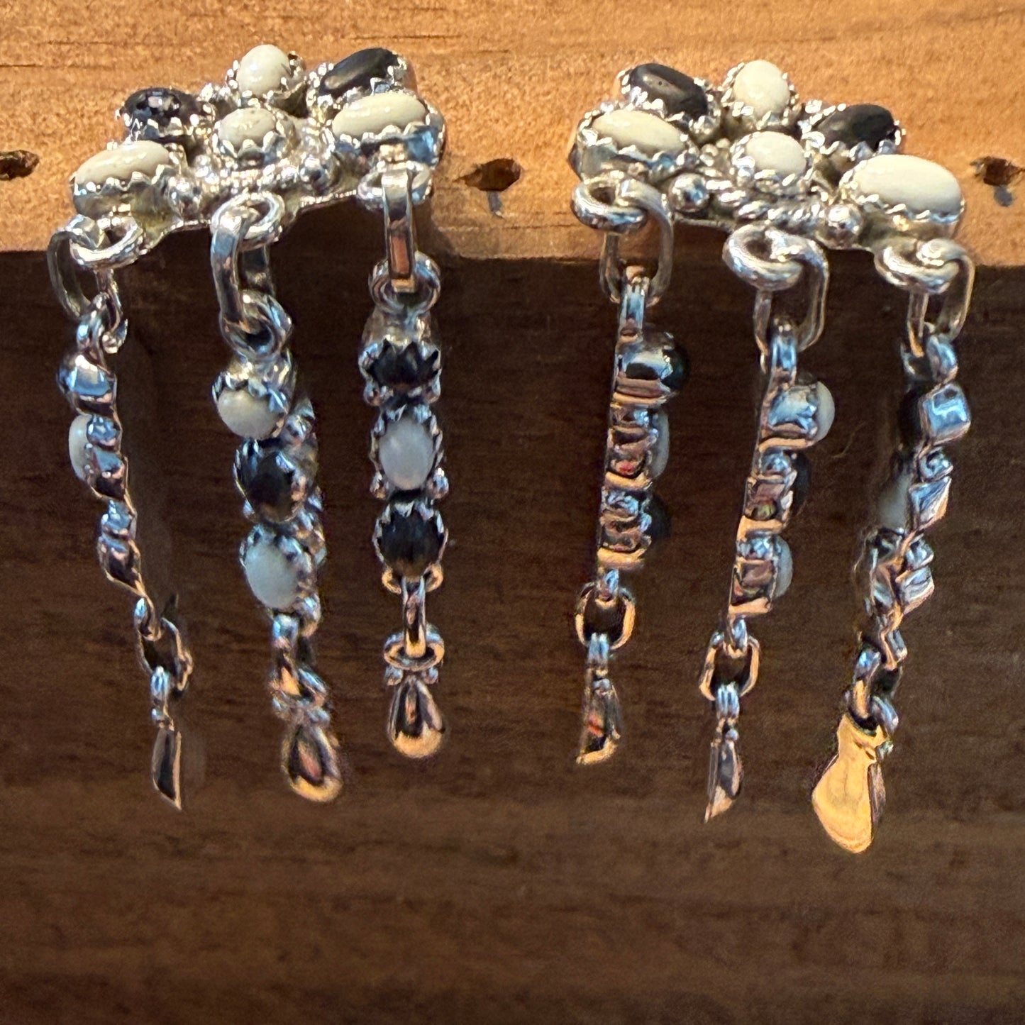Handcrafted White Buffalo Dahlia Cluster Dangle Earrings Sterling Silver