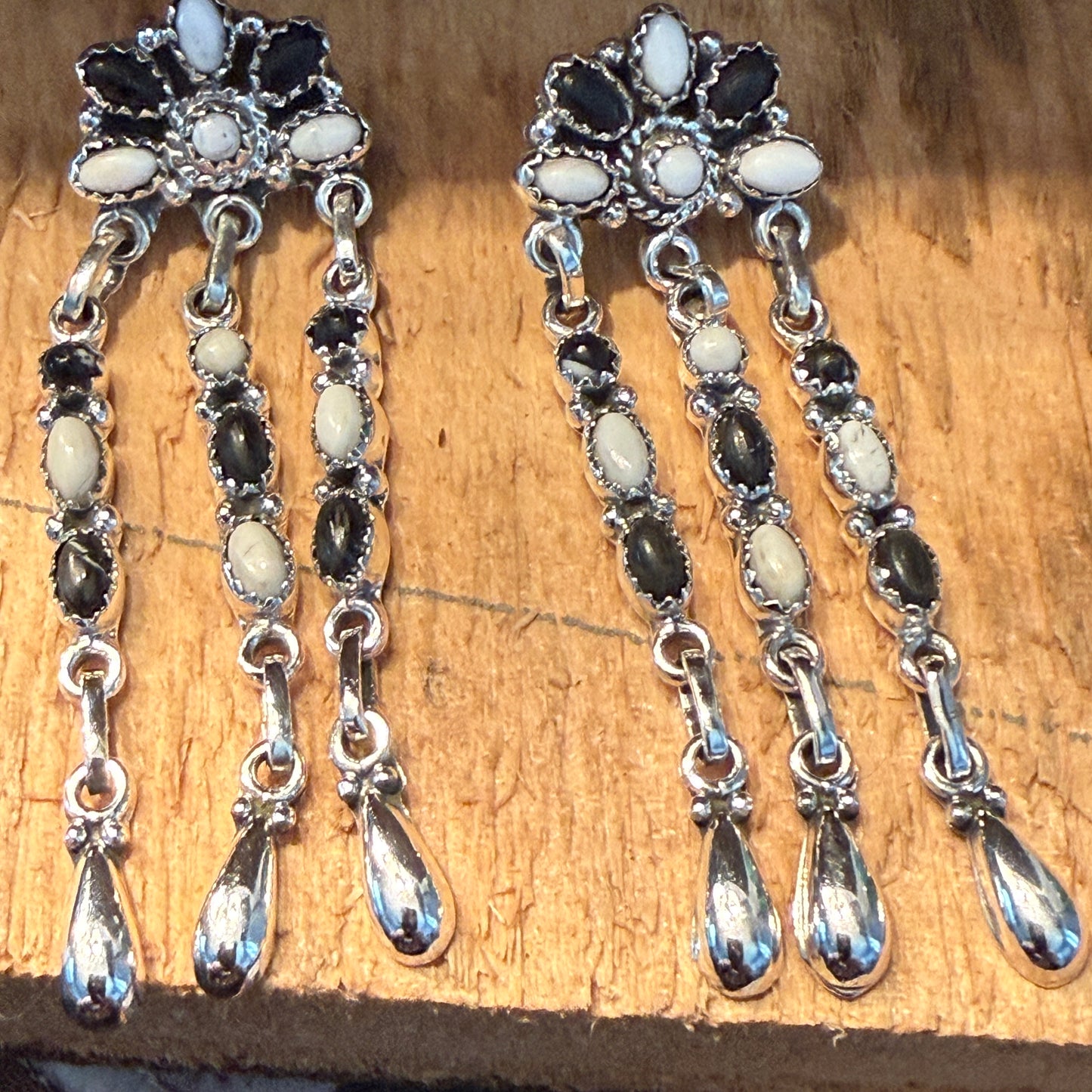 Handcrafted White Buffalo Dahlia Cluster Dangle Earrings Sterling Silver