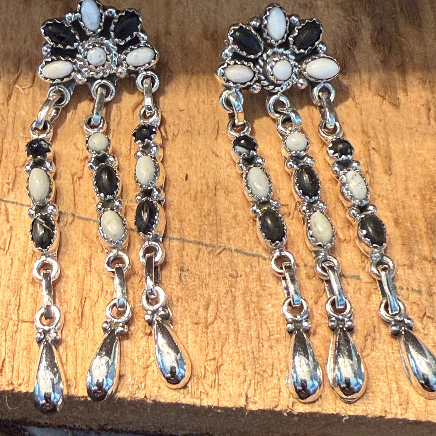 Handcrafted White Buffalo Dahlia Cluster Dangle Earrings Sterling Silver