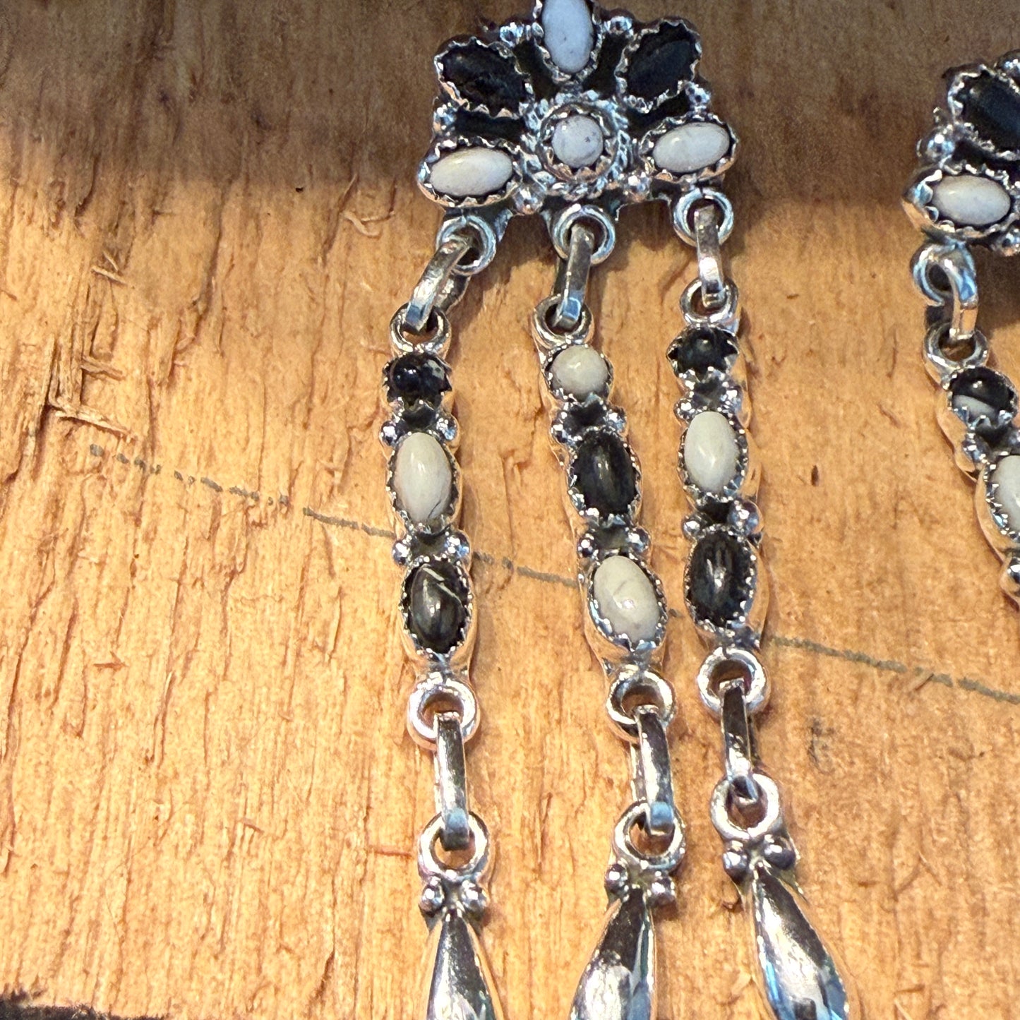 Handcrafted White Buffalo Dahlia Cluster Dangle Earrings Sterling Silver