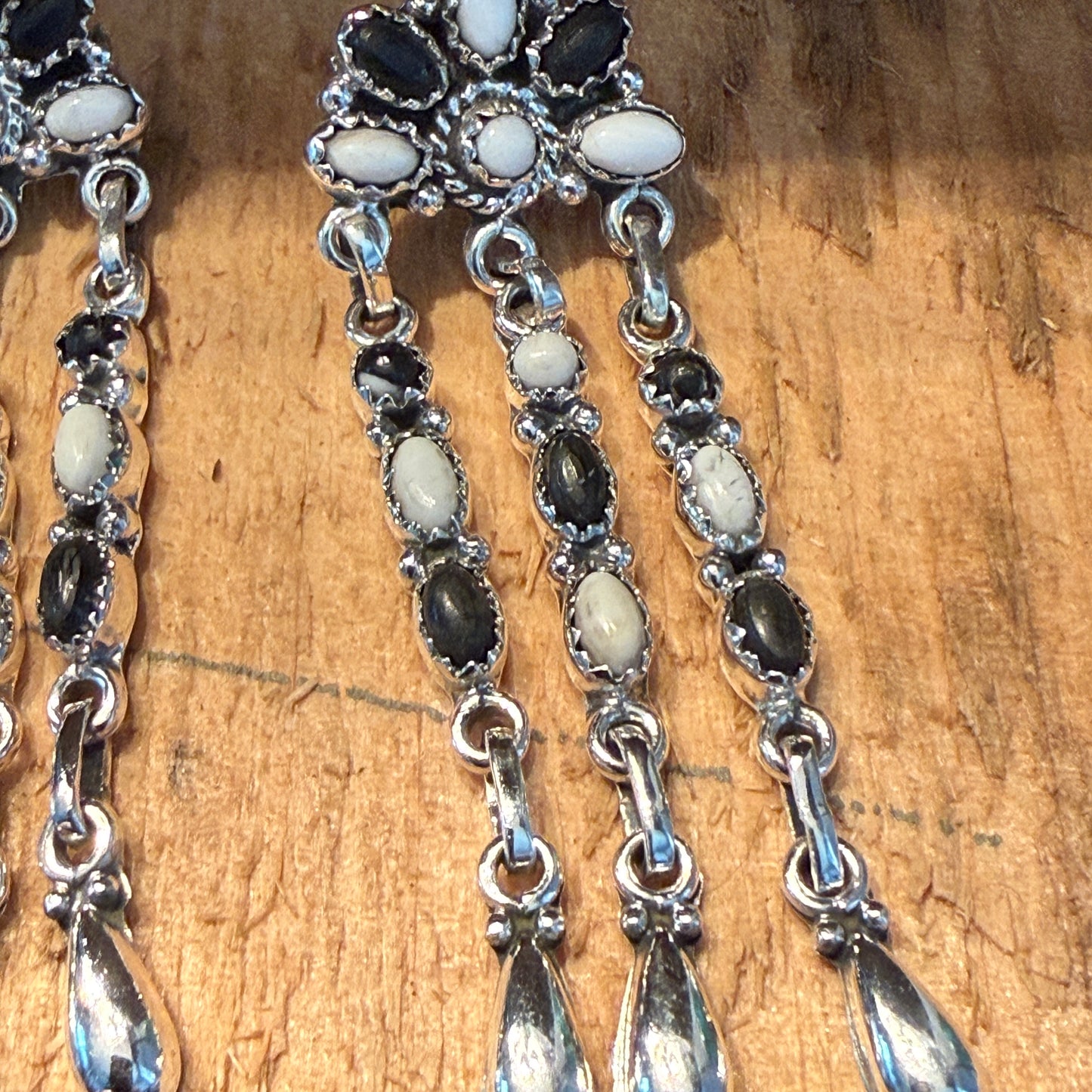 Handcrafted White Buffalo Dahlia Cluster Dangle Earrings Sterling Silver