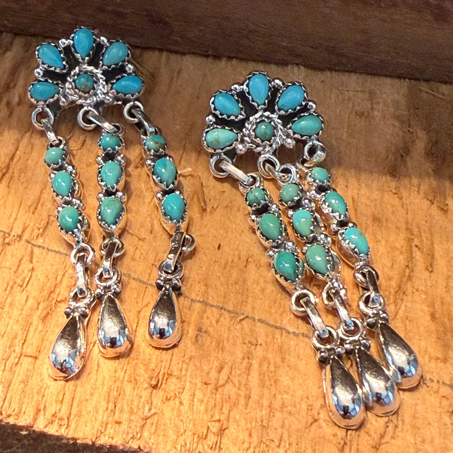 Handcrafted Kingman Turquoise Gemstone Long Dangle Earrings Sterling Silver