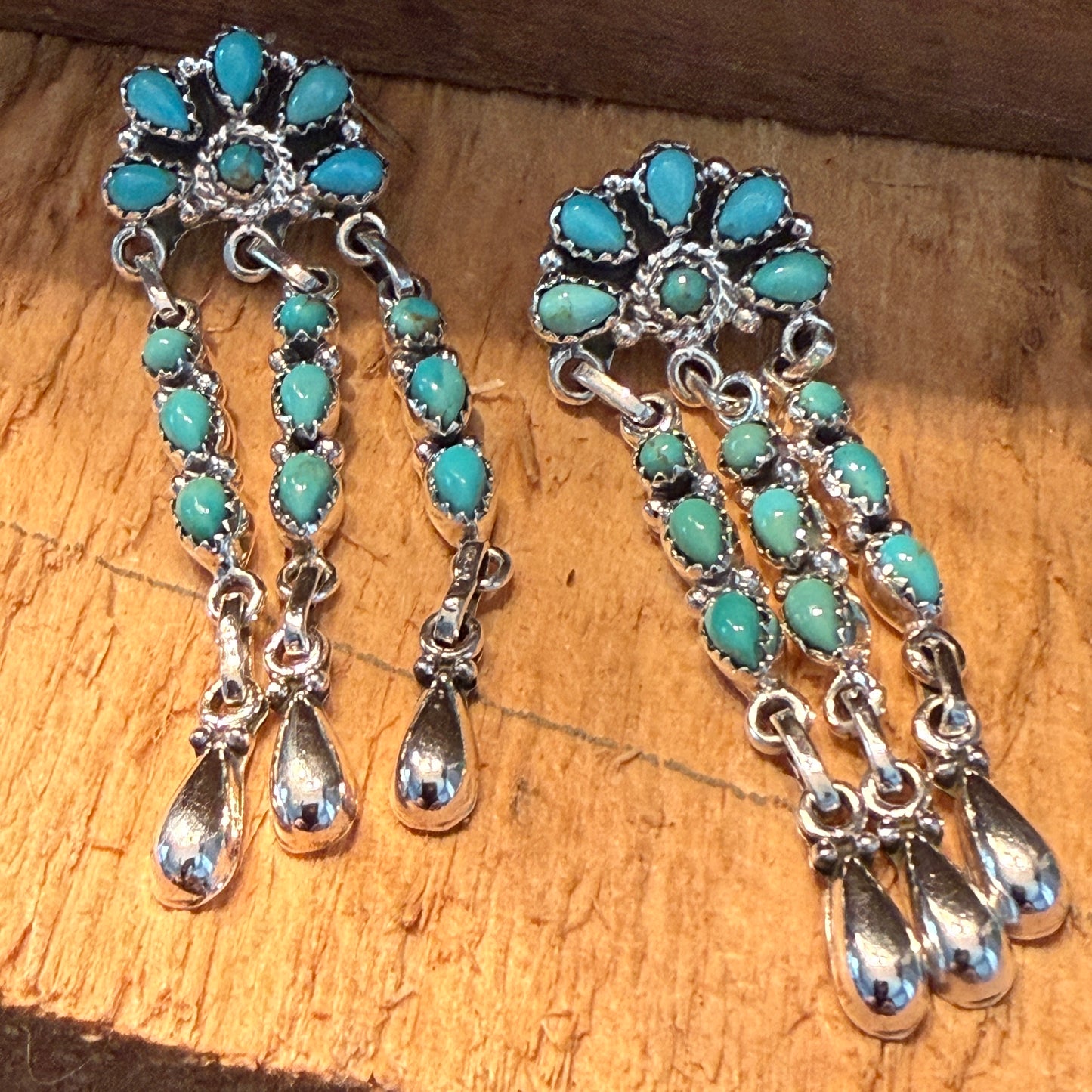 Handcrafted Kingman Turquoise Gemstone Long Dangle Earrings Sterling Silver