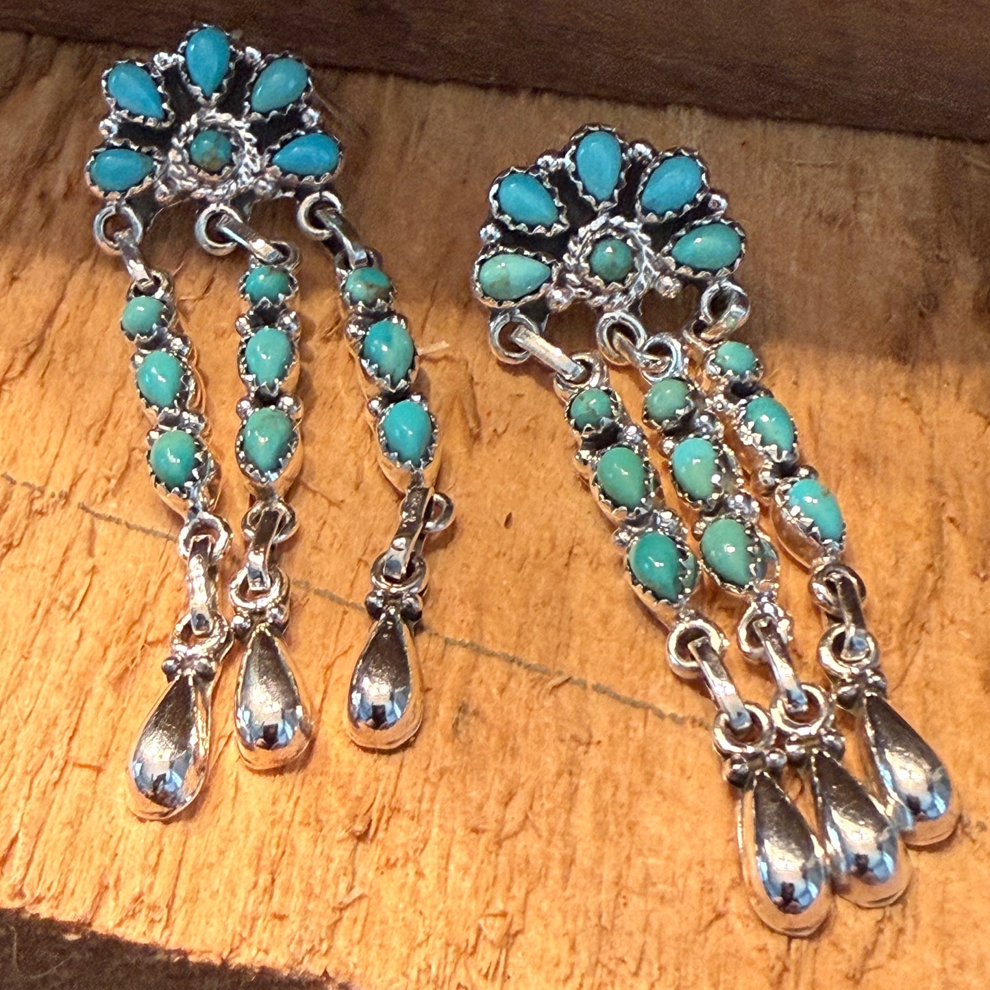 Handcrafted Kingman Turquoise Gemstone Long Dangle Earrings Sterling Silver