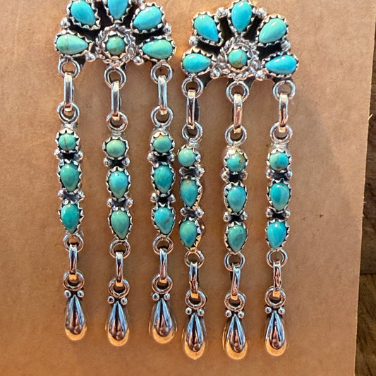 Handcrafted Kingman Turquoise Gemstone Long Dangle Earrings Sterling Silver