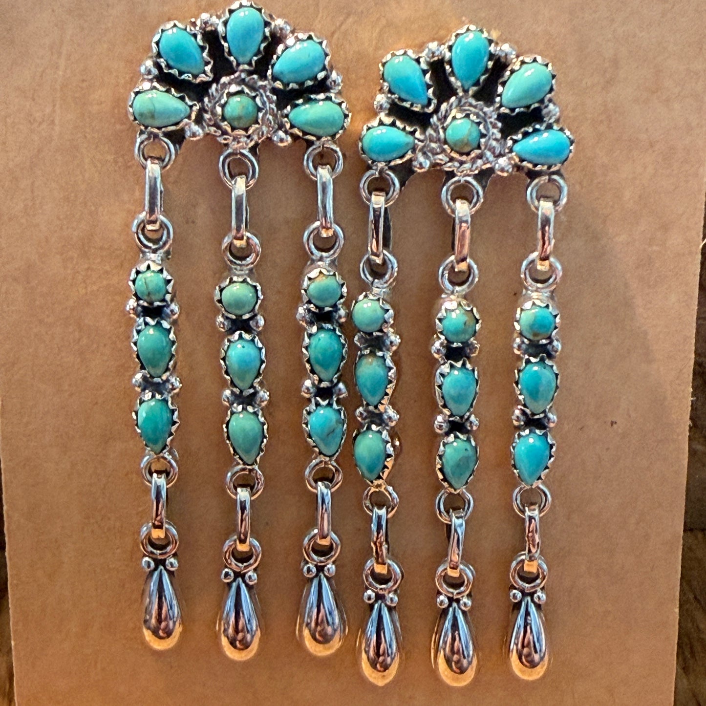 Handcrafted Kingman Turquoise Gemstone Long Dangle Earrings Sterling Silver