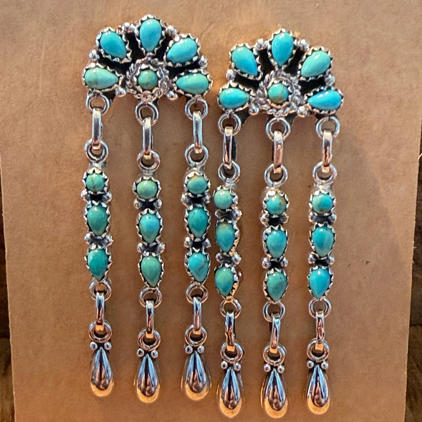Handcrafted Kingman Turquoise Gemstone Long Dangle Earrings Sterling Silver