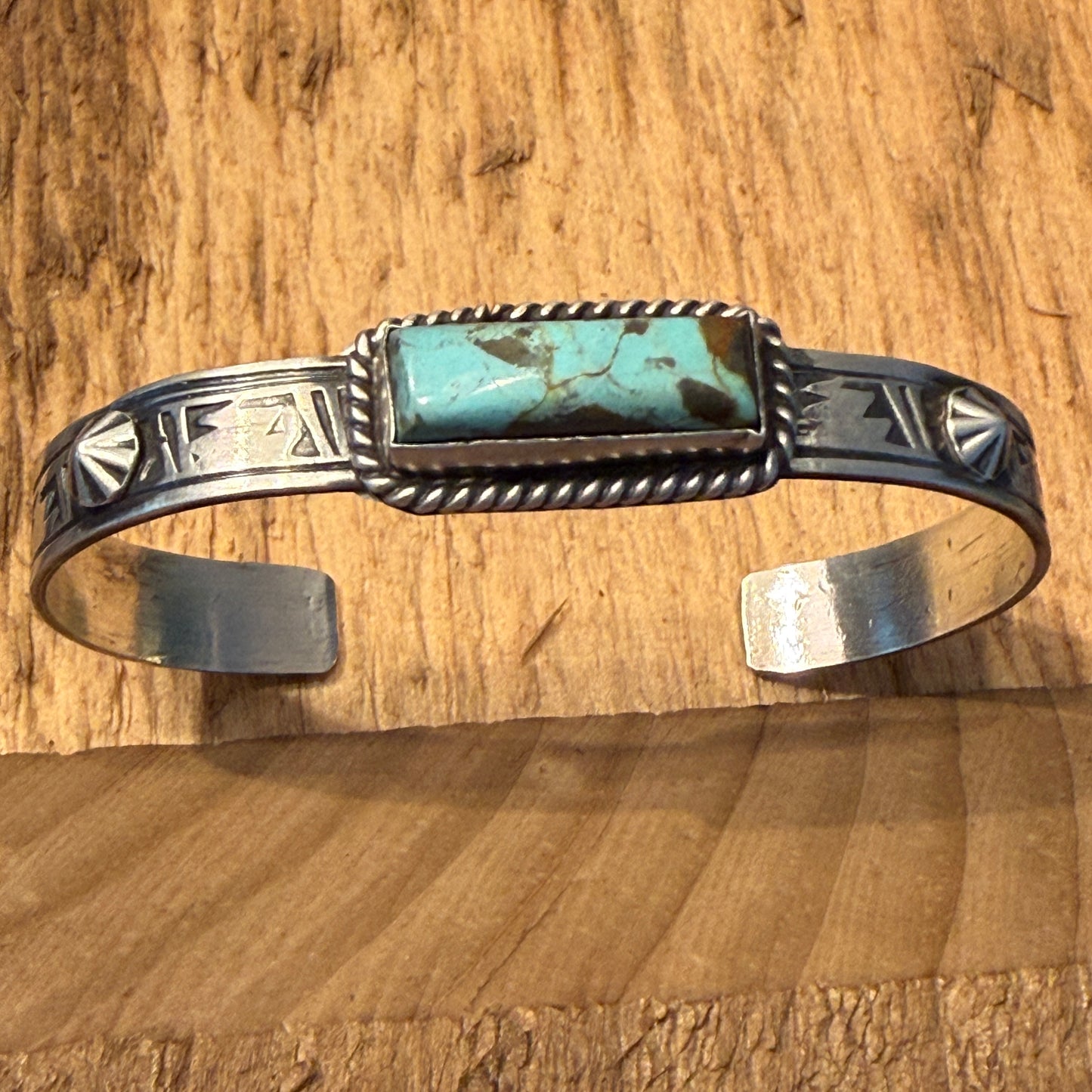 Rick Enriquez Signed Navajo Style Turquoise Dahlia Gemstone Cuff Bangle in Sterling Silver