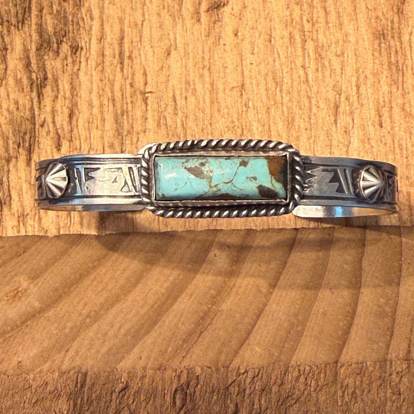 Rick Enriquez Signed Navajo Style Turquoise Dahlia Gemstone Cuff Bangle in Sterling Silver