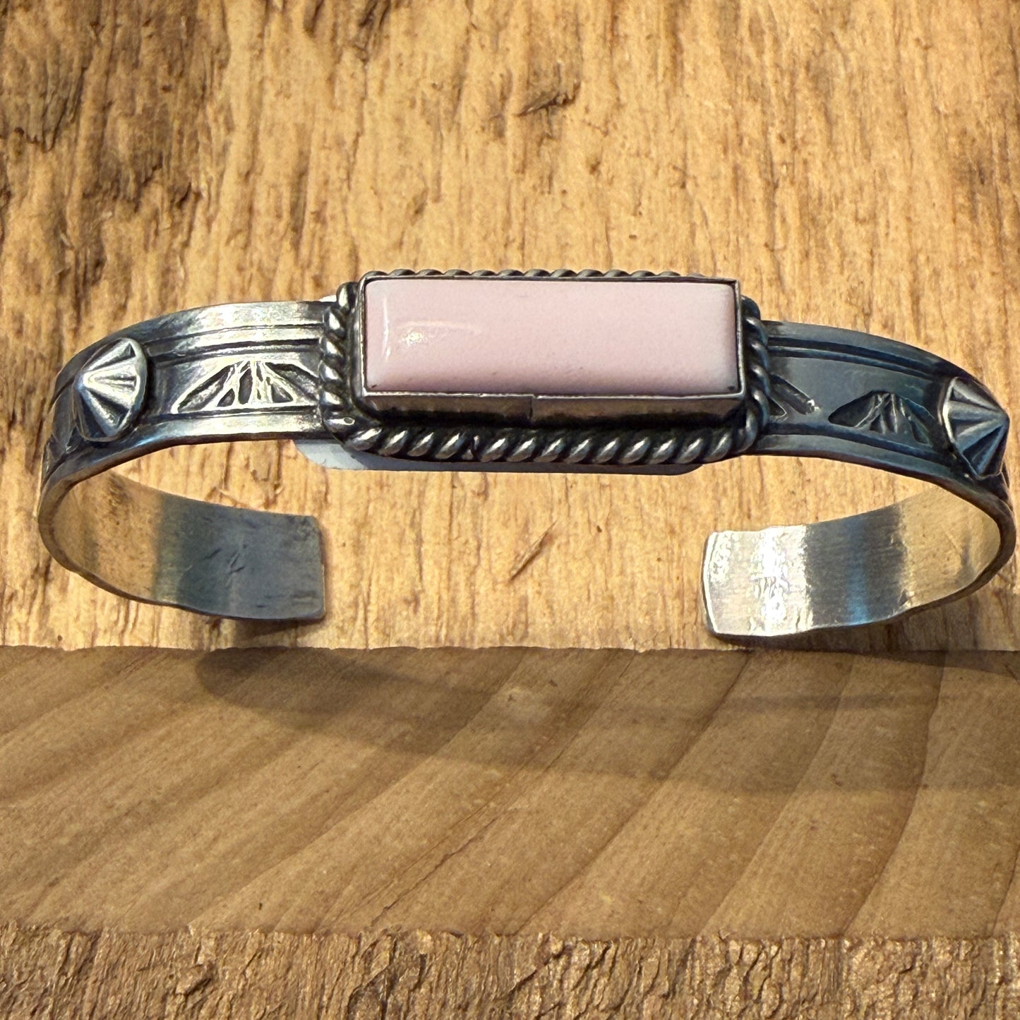 Rick Enriquez Signed Navajo Style Pink Conch Gemstone Cuff Bangle, Sterling Silver