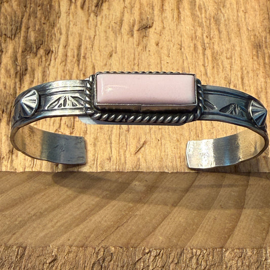 Rick Enriquez Signed Navajo Style Pink Conch Gemstone Cuff Bangle, Sterling Silver