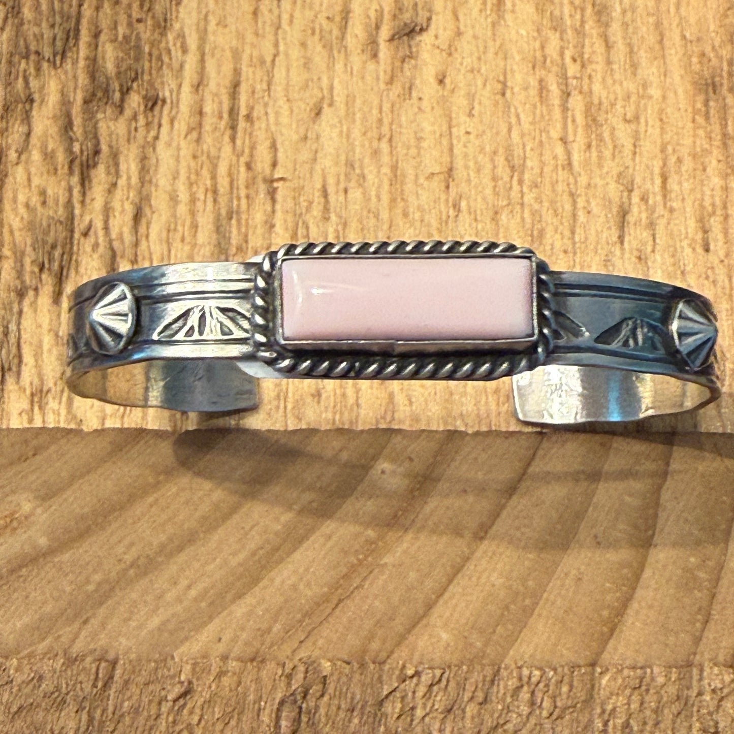 Rick Enriquez Signed Navajo Style Pink Conch Gemstone Cuff Bangle, Sterling Silver