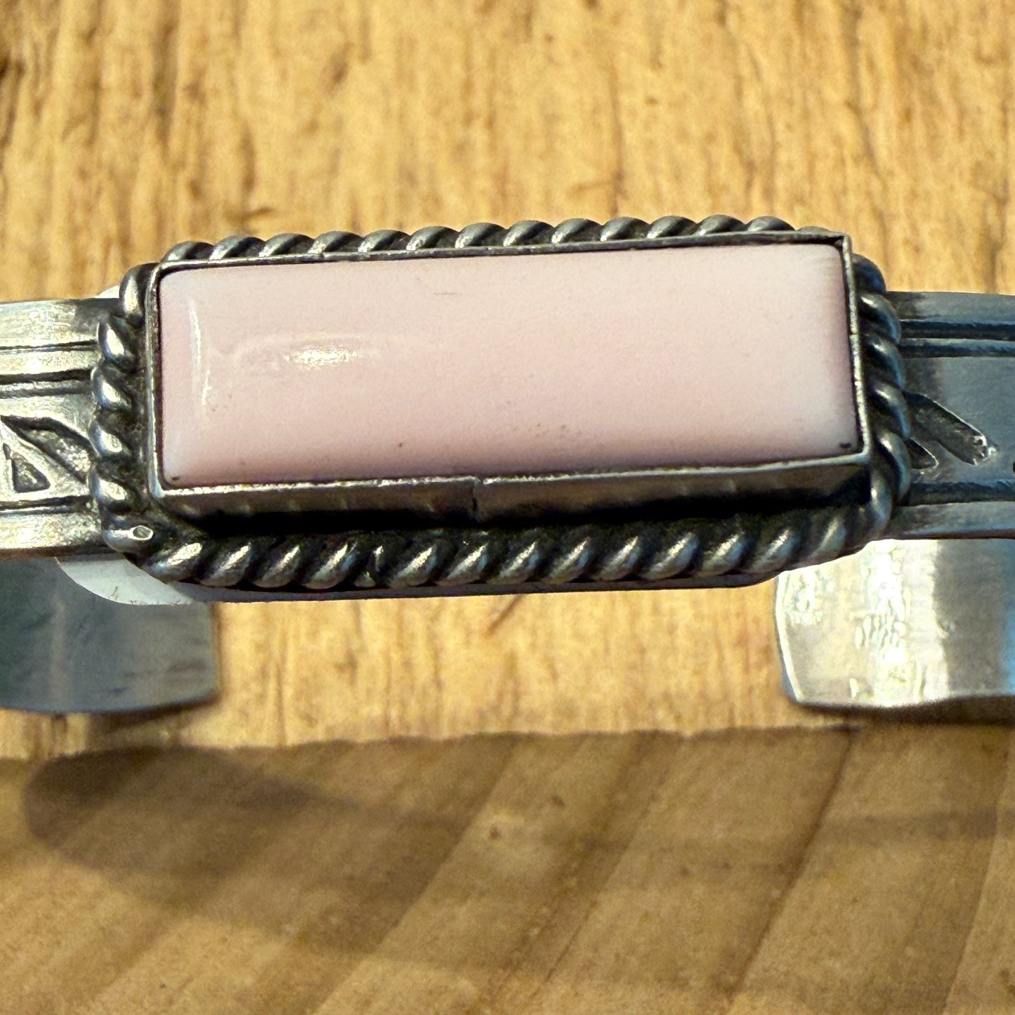 Rick Enriquez Signed Navajo Style Pink Conch Gemstone Cuff Bangle, Sterling Silver