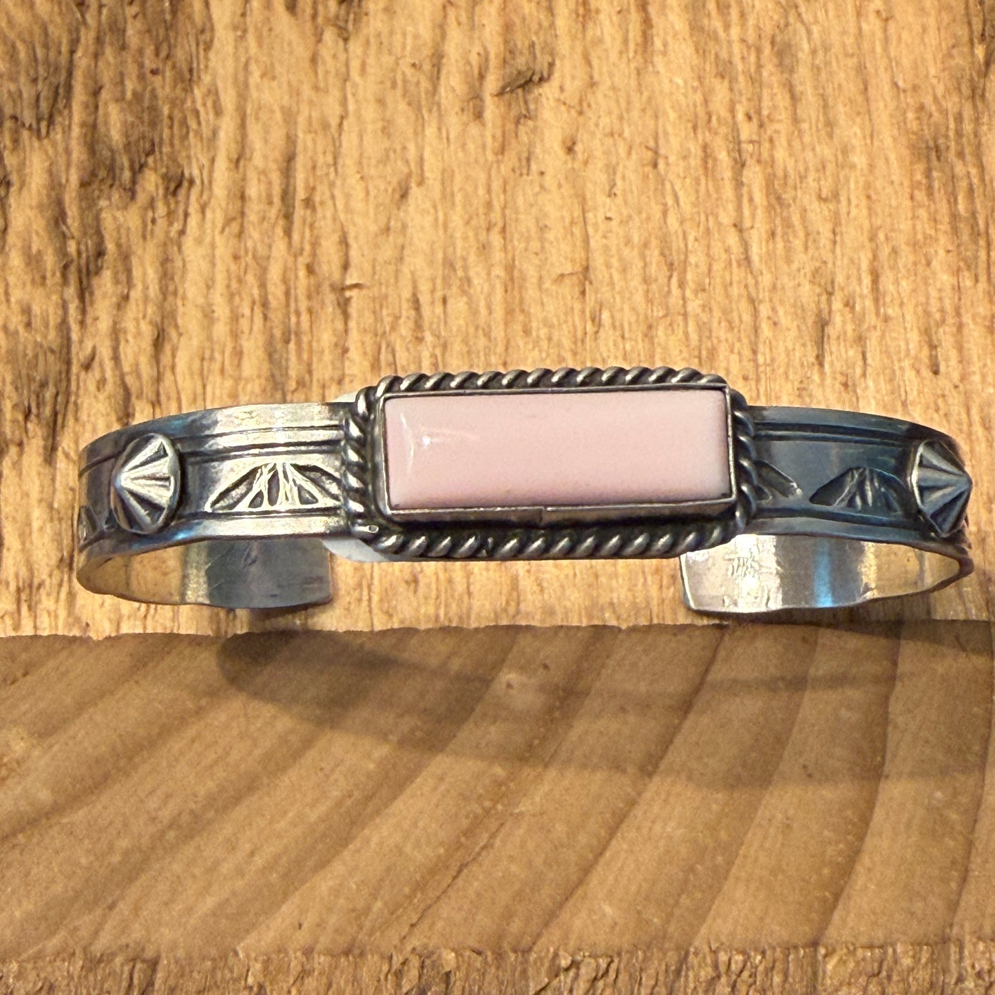 Rick Enriquez Signed Navajo Style Pink Conch Gemstone Cuff Bangle, Sterling Silver
