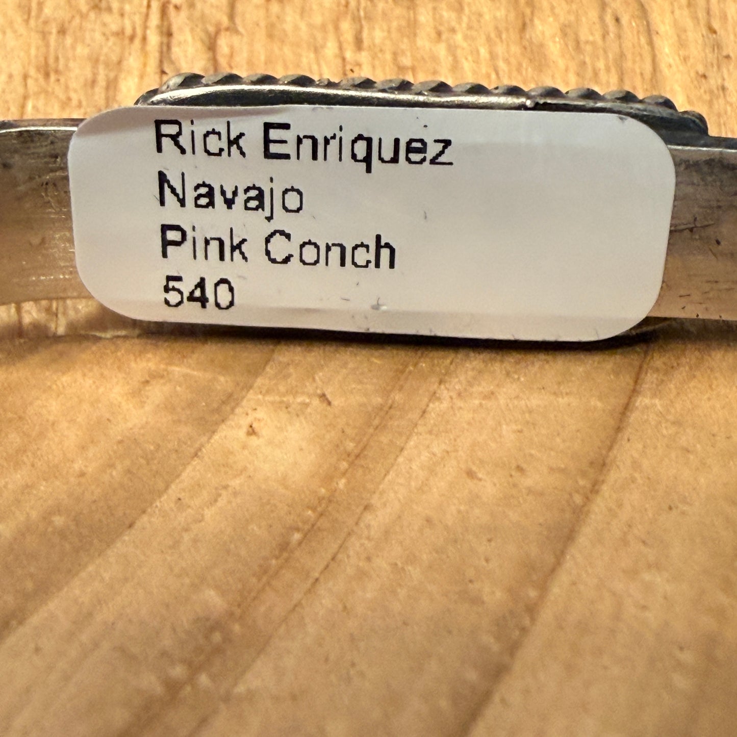 Rick Enriquez Signed Navajo Style Pink Conch Gemstone Cuff Bangle, Sterling Silver