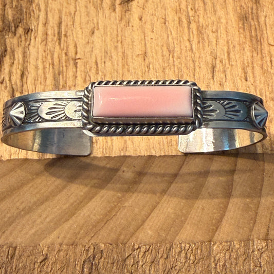 Rick Enriquez Signed Navajo Style Pink Conch Gemstone Sterling Silver Cuff Bangle