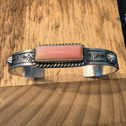 Rick Enriquez Signed Navajo Style Pink Conch Gemstone Cuff Bangle, Sterling Silver